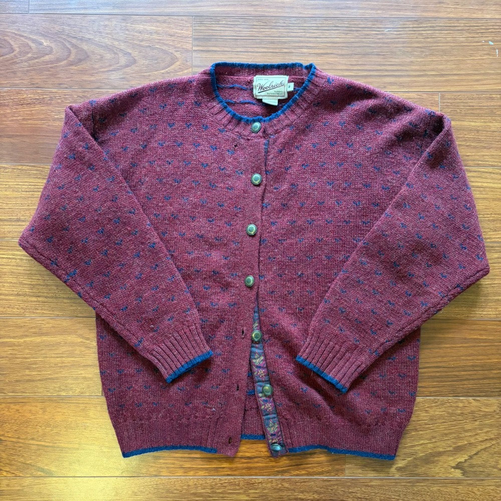 Woolrich Vintage 80s Pure Wool Cardigan Sweater Pattern Birdseye Knit Burgundy M